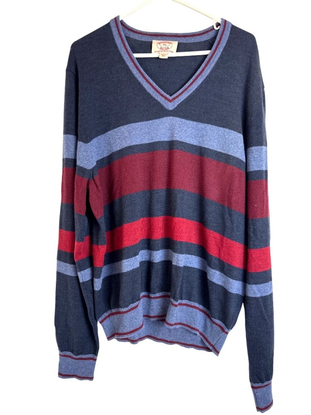 Brooks Brothers Men's XL Italian Merino Wool V-Neck Sweater Navy Red Stripes
